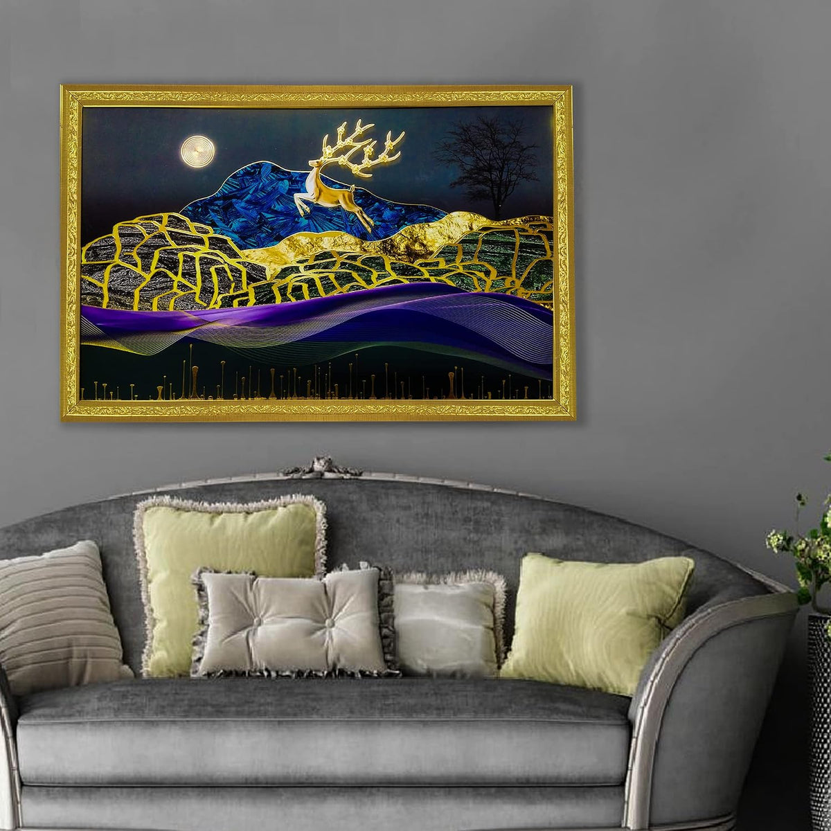 3D Golen Foil Modern Art Landscape with Joyful Lucky Reindeer | Framed Painting | Ready to Hang - (Multicolor, 14 Inch x 20 Inch)