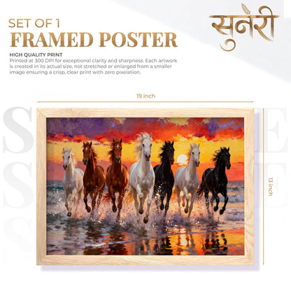 7 Horse Vastu Wall Painting for Living Room – Running Seven Horses Landscape Framed Wall Art | Premium Wooden Frame Home & Office Decor (Natural, Design 01, 13x19 Inch)