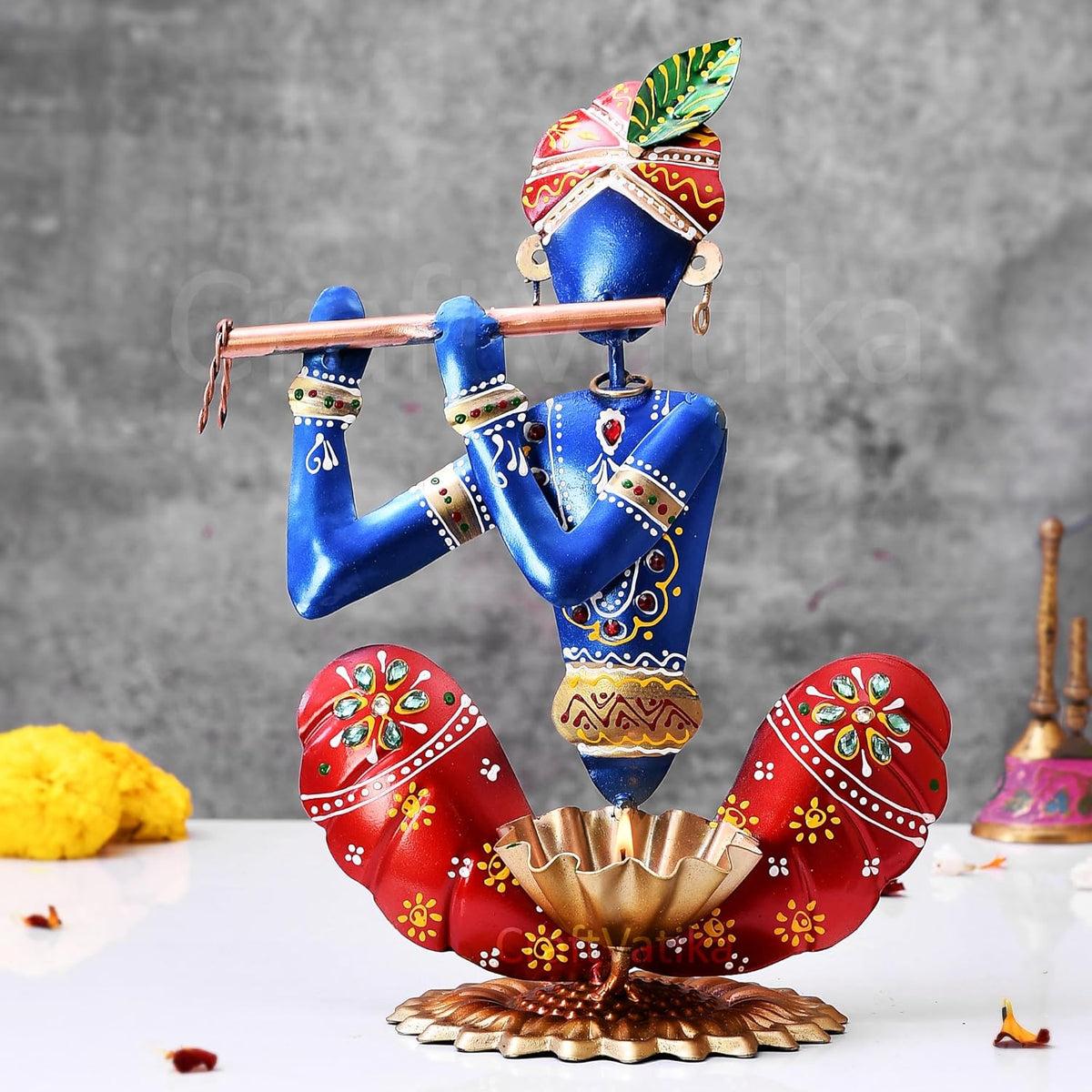 Home Decor Items - Home Decoration Gift for Living Room - House Warming Wedding Gift - Metal Krishna Showpiece - Handpainted Flute Krishna for Gift
