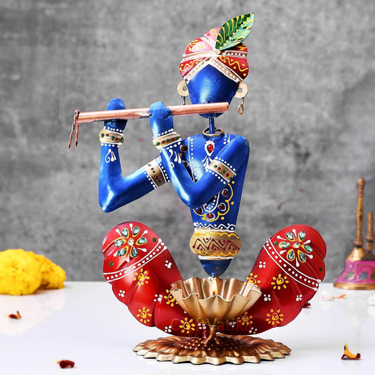 Home Decor Items - Home Decoration Gift for Living Room - House Warming Wedding Gift - Metal Krishna Showpiece - Handpainted Flute Krishna for Gift