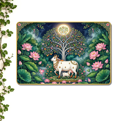 Kamdhenu Cow with Calf Under Kalpavriksha Tree Wall Painting for Living Room Bedroom | Pichwai Style Wooden Golden Stripe Framed Wall Decor (12x18 inch)