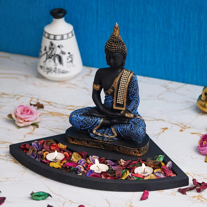 Blue Resin Meditating Lord Buddha Statue Tea Light Candle Holder| Buddha Idol Tea Light Holder Diwali Decoration Items for Home Decor Buddha Showpiece Gift for Diwali Housewarming Birthday