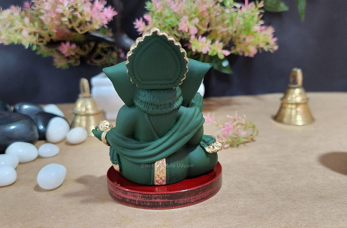 Handcrafted Poly Resin Ganesha Statue with Base - Perfect for Car Dashboard, Office Desk, Shelves, and Home Decor - Ideal Housewarming Gift! (Gaddigreenwithbase)