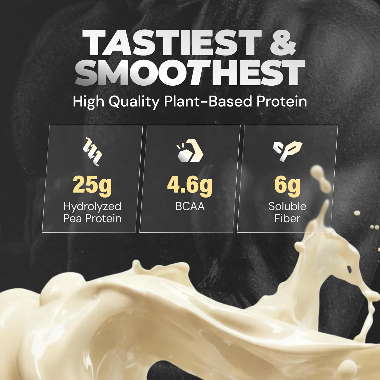 High-quality plant-based protein with nutritional information on a dark background