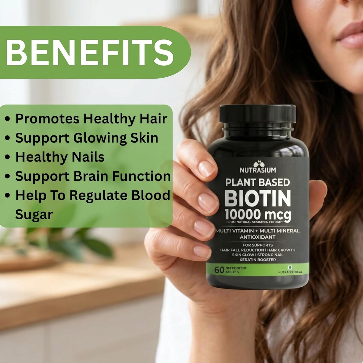 Nutrasium Plant Based Biotin, Collagen Booster, Keratin Builder with Amino Acid and Minerals | For Hair, Skin & Nail Radiance | Hair Vitamin (Biotin Collagen Booster Blend- 60 Tablets)