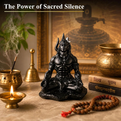 4 Inch Meditating Lord Shiva Idol | Black Finish Mahadev Murti in Dhyan Mudra with Trishul, Snake & Tiger Base for Home Temple, Mandir, Meditation Room, Office Desk & Car Dashboard
