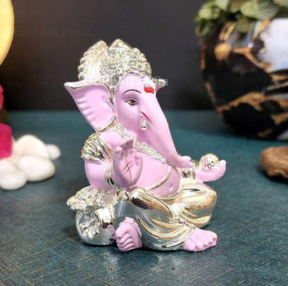 Gold Art India Silver Pink Plated Gaddi Ganesha for Car Dashboard Ganesha Murti Ganpati Idol for Home Decor Puja Lord Ganesh Statue Gift for Office Desk Puja Room Figurine
