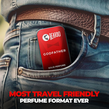 Beardo Godfather solid perfume tin in a pocket with promotional text.