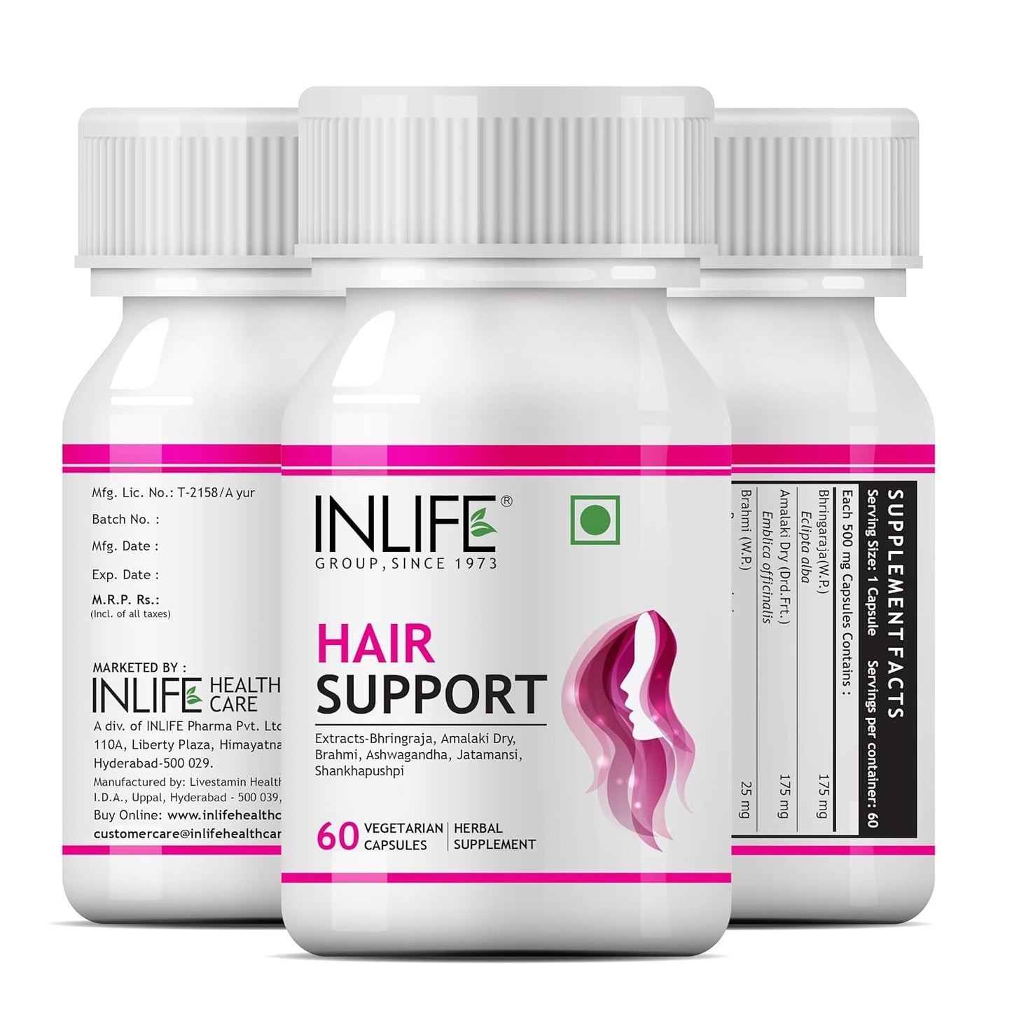 INLIFE Hair Support Supplement, Bhringraj, Brahmi, Ashwagandha and other Ayurvedic Herbs 500 mg - 60 Vegetarian Capsules (Pack of 1, 60)