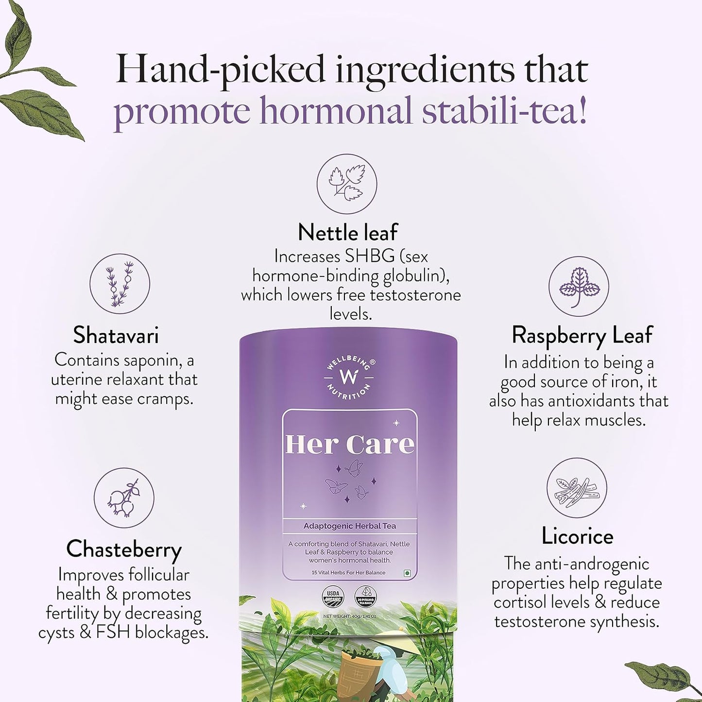 Wellbeing Nutrition Her Care Tea for PCOS PCOD | Herbal Tea for Women with Shatavari & Chasteberry for PMS Relief, Hormonal Imbalance & Regularize Menstrual Cycle (20 Pyramid Tea Bags)