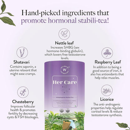 Wellbeing Nutrition Her Care Tea for PCOS PCOD | Herbal Tea for Women with Shatavari & Chasteberry for PMS Relief, Hormonal Imbalance & Regularize Menstrual Cycle (20 Pyramid Tea Bags)