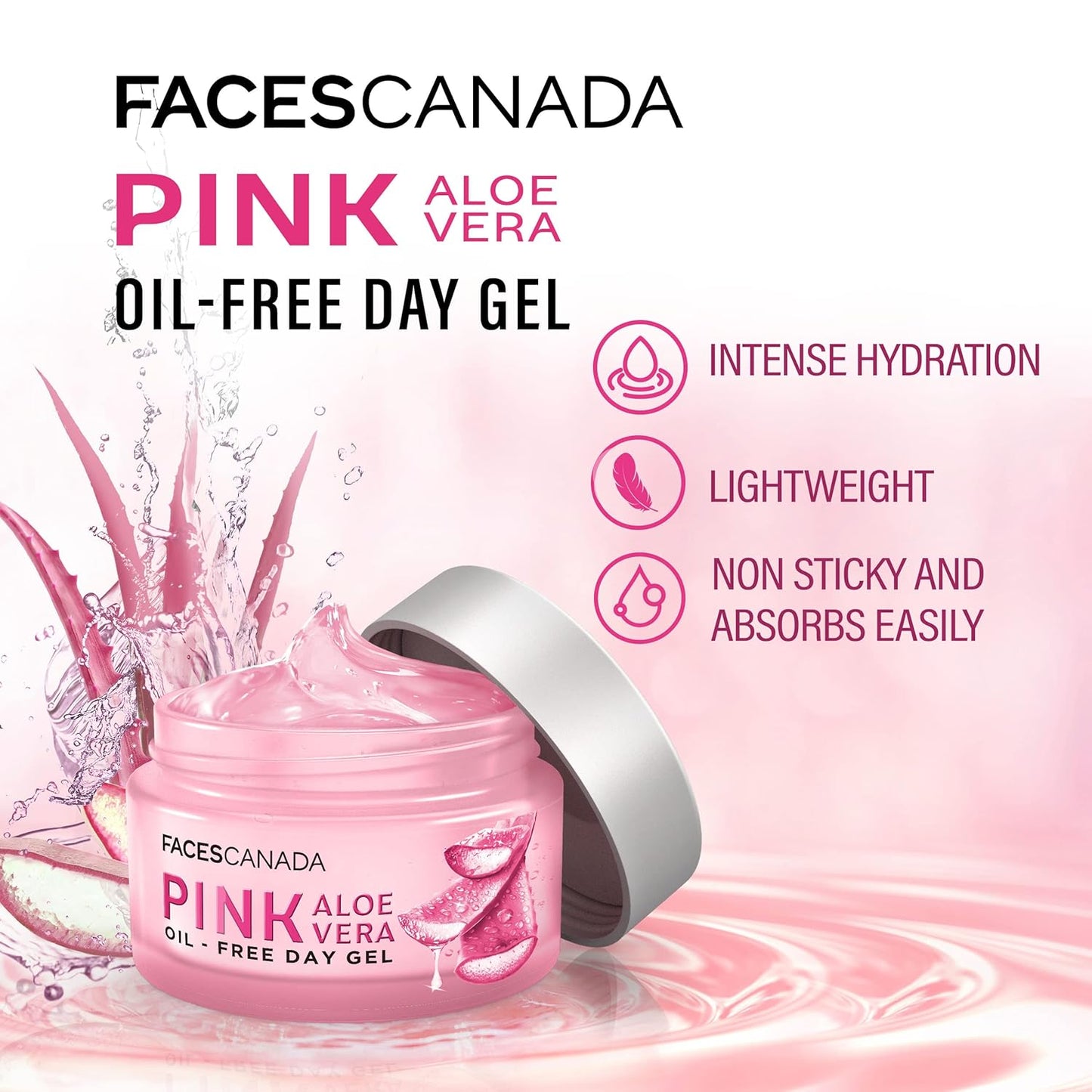 FACESCANADA Pink Aloe Vera Oil-Free Day Gel, 50g | 1.5% Hyaluronic Acid | Intense Hydration | Lightweight, Non Sticky & Absorbs Easily | Soothing, Nourishing & Acne Control | No Alcohol & Parabens
