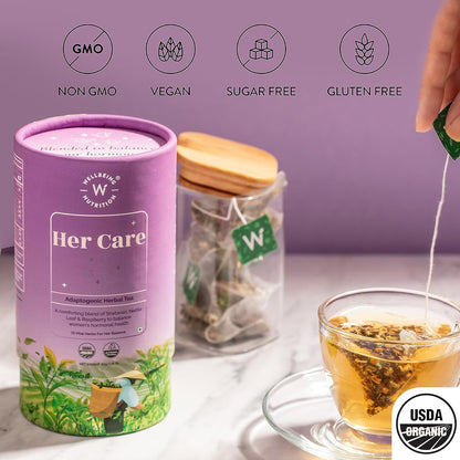 Wellbeing Nutrition Her Care Tea for PCOS PCOD | Herbal Tea for Women with Shatavari & Chasteberry for PMS Relief, Hormonal Imbalance & Regularize Menstrual Cycle (20 Pyramid Tea Bags)