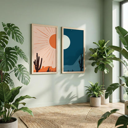 Minimalist Desert Wall Art Set of 2, Sun & Moon Cactus Landscape Prints with Wooden Frames, Boho Neutral Scandinavian Decor for Living Room, Bedroom & Office (10x19 Inch, Art-11)