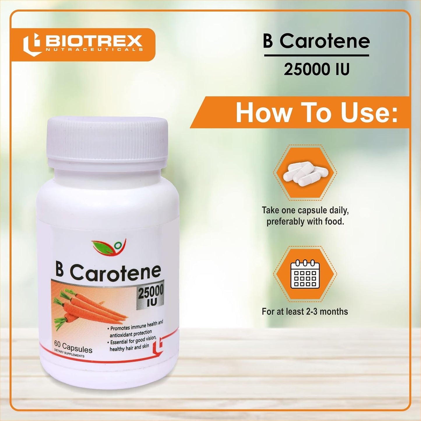 Biotrex Beta Carotene 25000IU - Essential for good vision, healthy hair and skin (60 Capsules), nutritional supplement, multivitamins, vitamin capsules, for men, women and adults, health supplements,