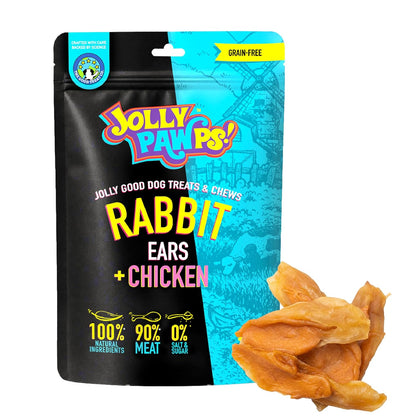 Jolly Pawps Rabbit Ears + Chicken Dog Treat – 90% Prime Cut Meat, Lab Tested, Grain Free Treats, 0% Salt or Sugar, Dog Chews for Adult Dogs & Puppies 85g