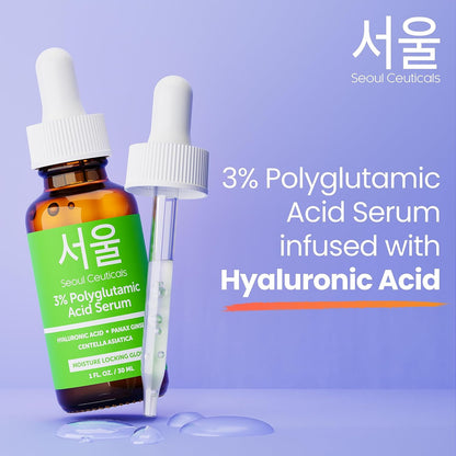 SeoulCeuticals Organic Polyglutamic Acid Korean Serum - 30ml Anti Aging Serum with Hyaluronic Acid + Centella Asiatica - K Beauty Skincare for Healthy Glowing Skin