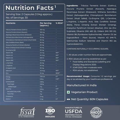 Nutrabay Pro Natural Testosterone Booster with Tribulus, Ashwagandha and Safed Musli - Natural Testosterone Support for Energy, Performance, Stamina & Muscle Growth - 1000mg, 60 Veg Capsules