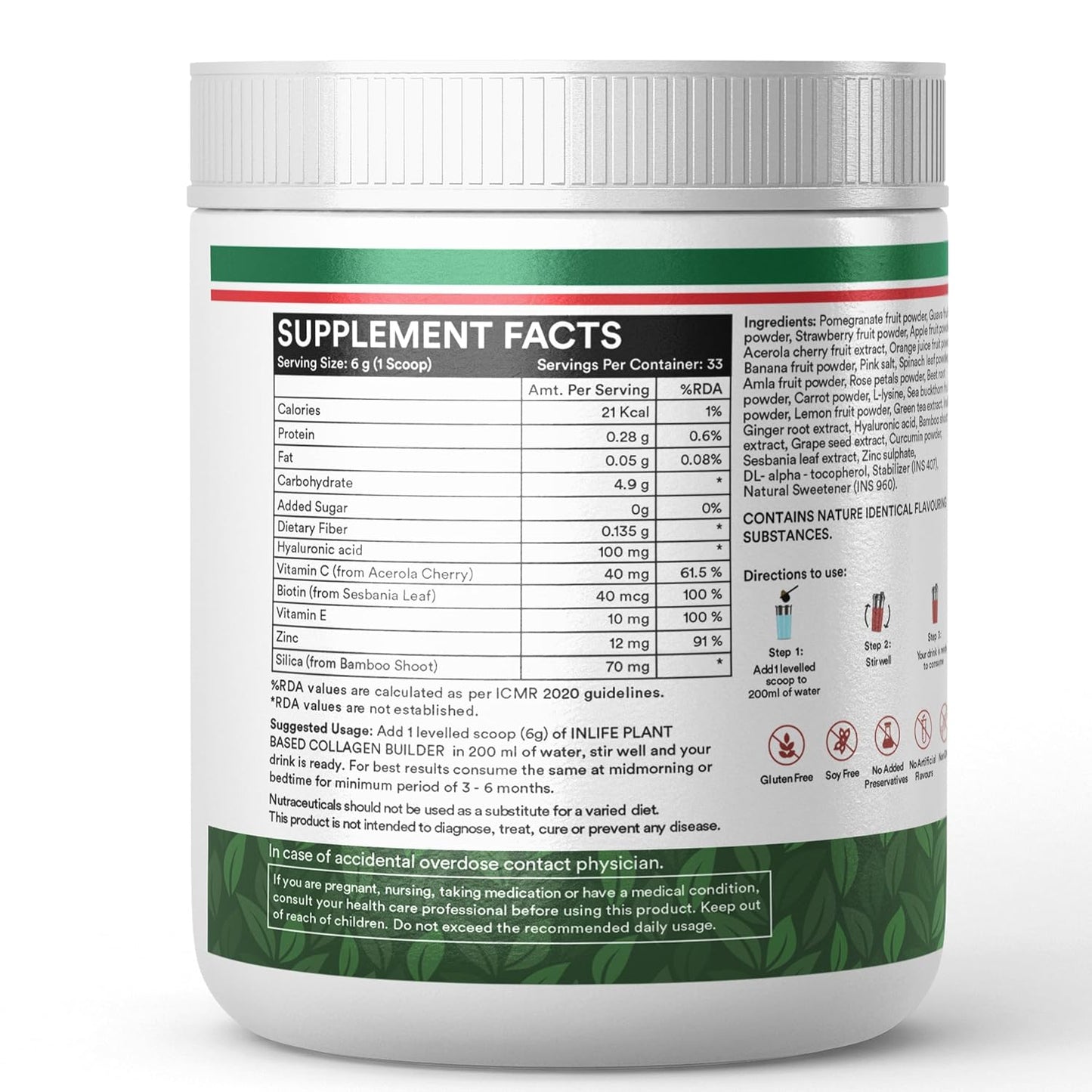 INLIFE Collagen Builder Supplements For Women and Men | Plant Based Collagen Powder for Skin & Hair with Biotin from Sesbania, Vitamin C, Silica, Hyaluronic Acid, Vitamin E, 200g (Fruit Punch)
