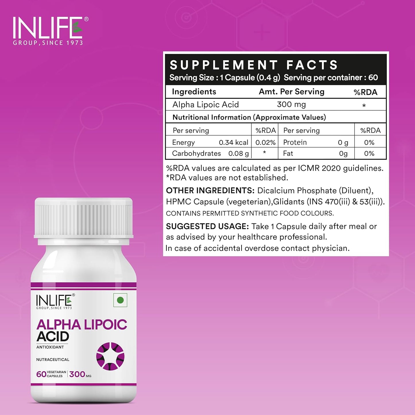 INLIFE Alpha Lipoic Acid 300mg | Universal Antioxidant | ALA Supplement - 60 Vegetarian Capsules (Pack of 1, 60)