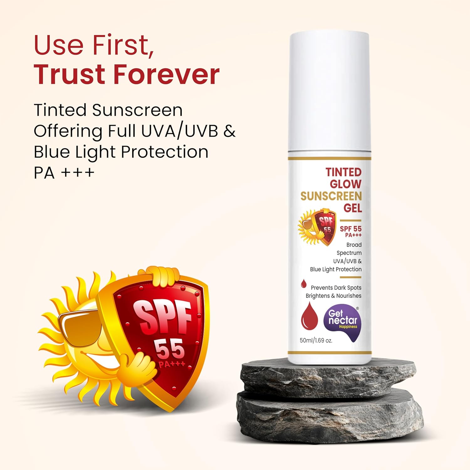 Tinted sunscreen gel with SPF 55 on a beige background