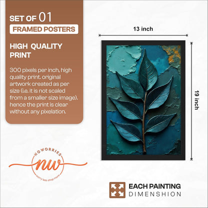 Botanical Leaf Wall Painting with Frame Set of 1 | Premium Textured Teal Green Leaf Artwork, Modern Nature Inspired Wall Decor for Living Room, Bedroom, Office and Home Decoration (Art-18,13x19inch)
