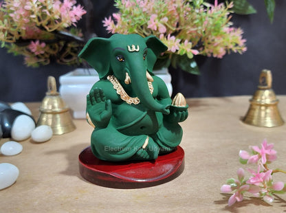 Handcrafted Poly Resin Ganesha Statue with Base - Perfect for Car Dashboard, Office Desk, Shelves, and Home Decor - Ideal Housewarming Gift! (Appugreenwithbase)