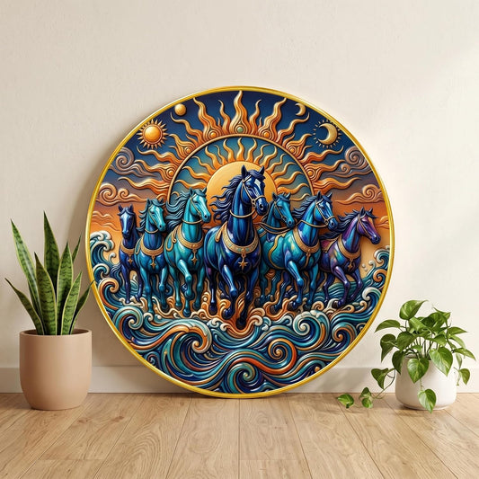 7 Horse Vastu Round Wall Painting with Premium PVC Golden Frame, Colorful Sun Moon Ocean Art, Running Horses Home Decor for Living Room Office (20 x 20 Inch) GRL-439