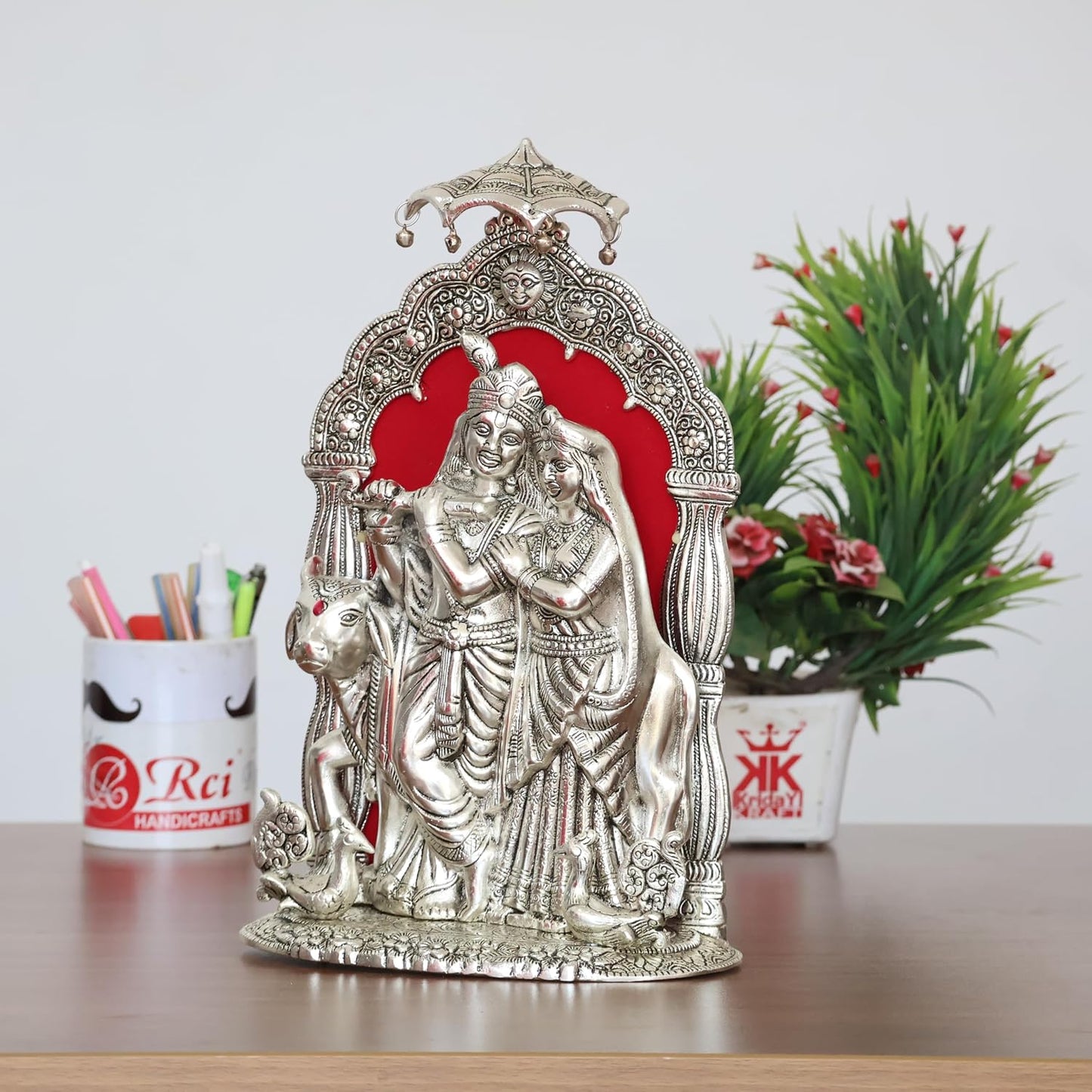 KridayKraft Metal Radha Krishna Idol with Cow Decorative Showpiece Statue for Puja Room Home Office Desk Gift Items Ornate Metal Sculpture of Hindu Deities (Silver, Height 33 CM)