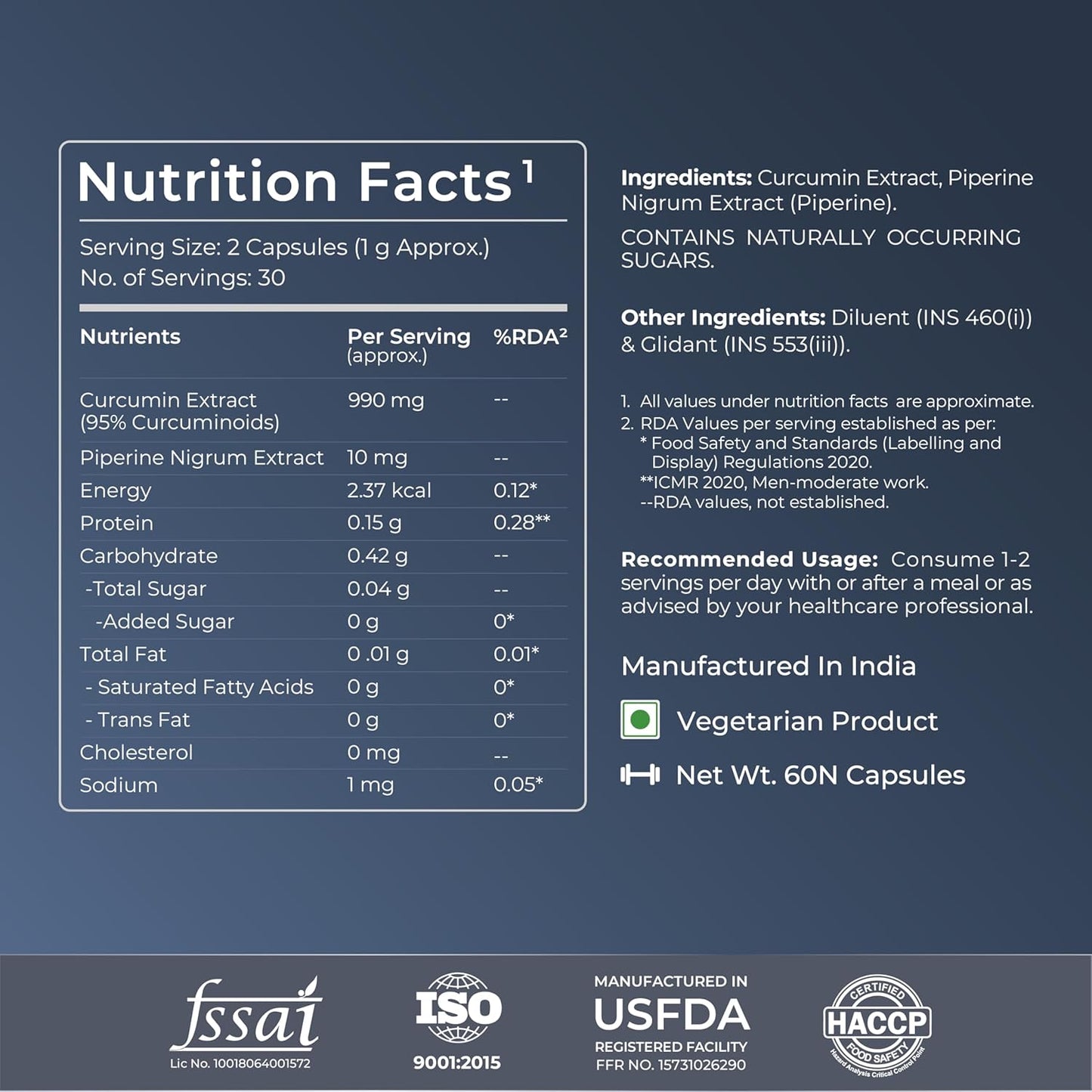 Nutrition facts label and product information on a dark blue background