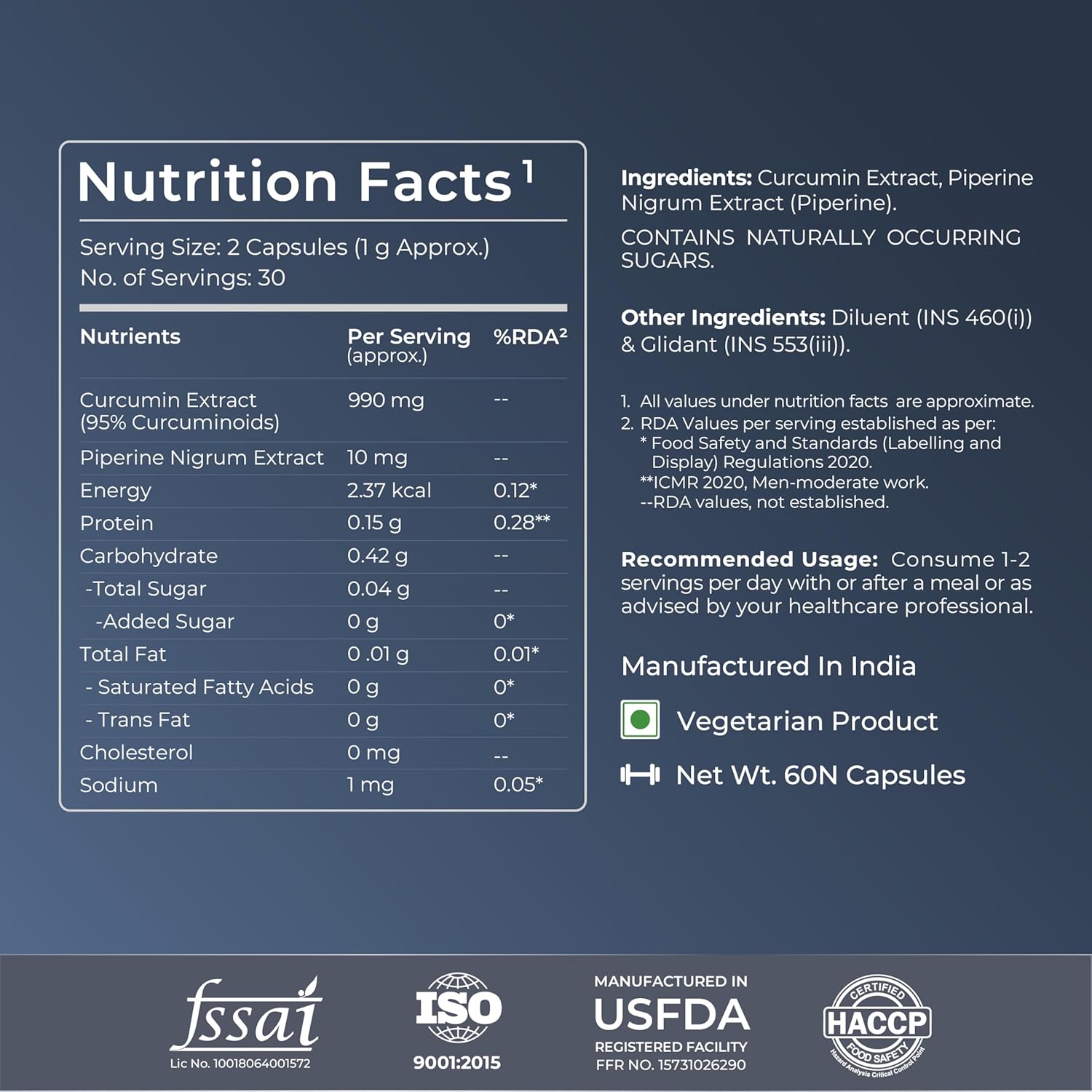 Nutrition facts label and product information on a dark blue background