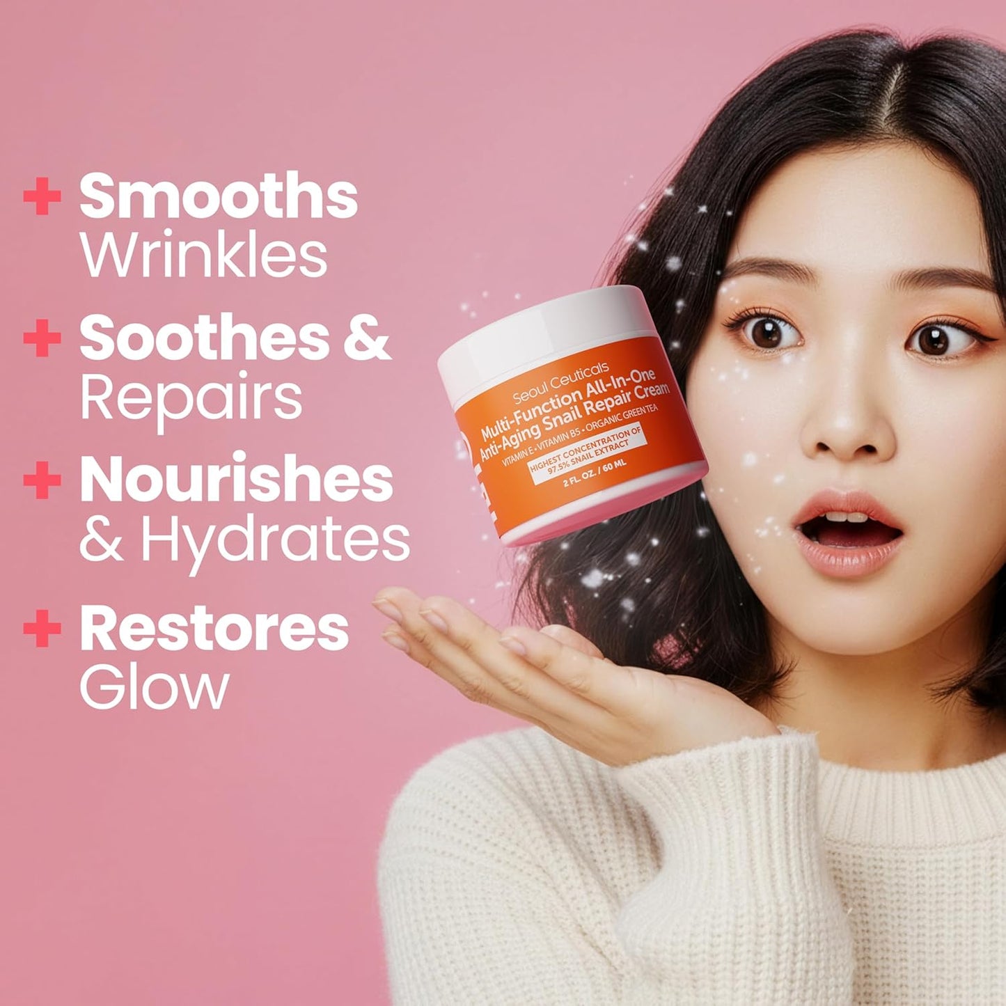 SeoulCeuticals 97.5% Snail Mucin Moisturizer for Face | 60ml Korean Skin Care Snail Mucin Cream with Aloe, Shea Butter & Jojoba | Lightweight, Non-Comedogenic Daily Repair Night Cream