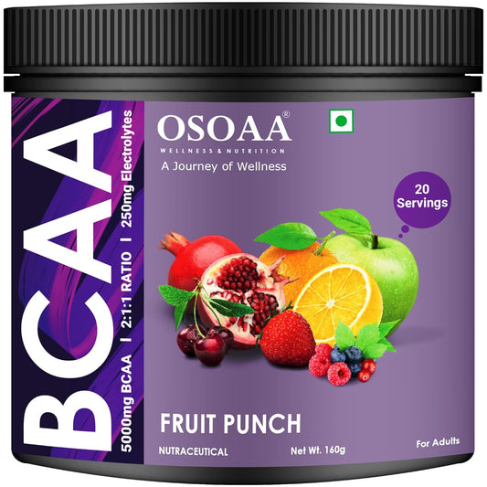 Osoaa BCAA supplement container with fruit punch flavor on a purple background