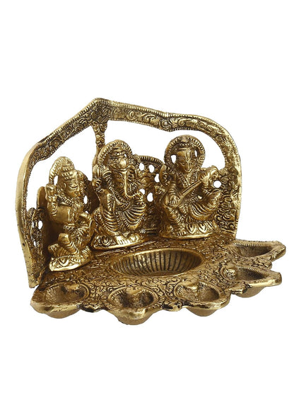 Laxmi Ganesha Saraswati with Diya for 6 Wicks Handcrafted Metal Decorative Showpiece,Gold