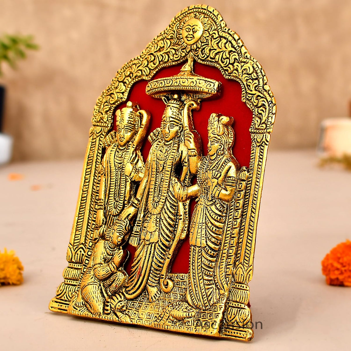 Metal Plated Ram Darbar Wall Hanging and Table Top Lord Ram, Laxman, Sita & Hanuman Showpiece Idol Statue for Home Decor Office Pooja Room Article Decorative Showpiece