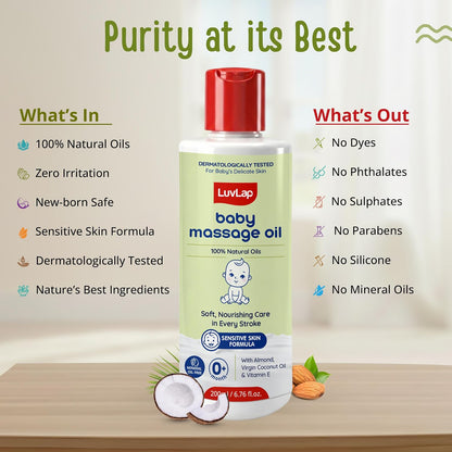 LuvLap Baby Massage Oil with Almond, Virgin Coconut Oil & Vitamin E, Deep Nourishing, Skin Repair & Relaxation, Ayurvedic Non-Sticky Oil for Soft New Born Skin, 100% Natural, Derma Safe, 200ml