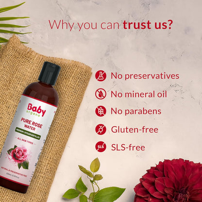 BabyOrgano Ayurvedic Rose Water for Face 1+ Months | Steam-Distilled Kannauj Roses | Skin Toner, Face Mist & Makeup Remover | Balances pH, Tightens Pores | Preservative & Chemical-Free | 200ml (Pack Of 1)