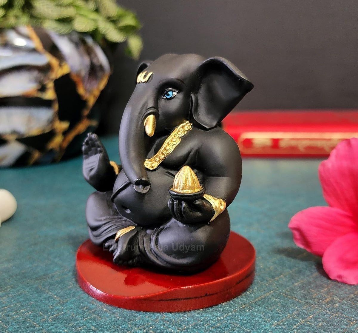 Handcrafted Poly Resin Ganesha Statue with Base - Perfect for Car Dashboard, Office Desk, Shelves, and Home Decor - Ideal Housewarming Gift! (AppuBlackwithbase)