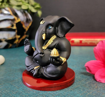 Handcrafted Poly Resin Ganesha Statue with Base - Perfect for Car Dashboard, Office Desk, Shelves, and Home Decor - Ideal Housewarming Gift! (AppuBlackwithbase)