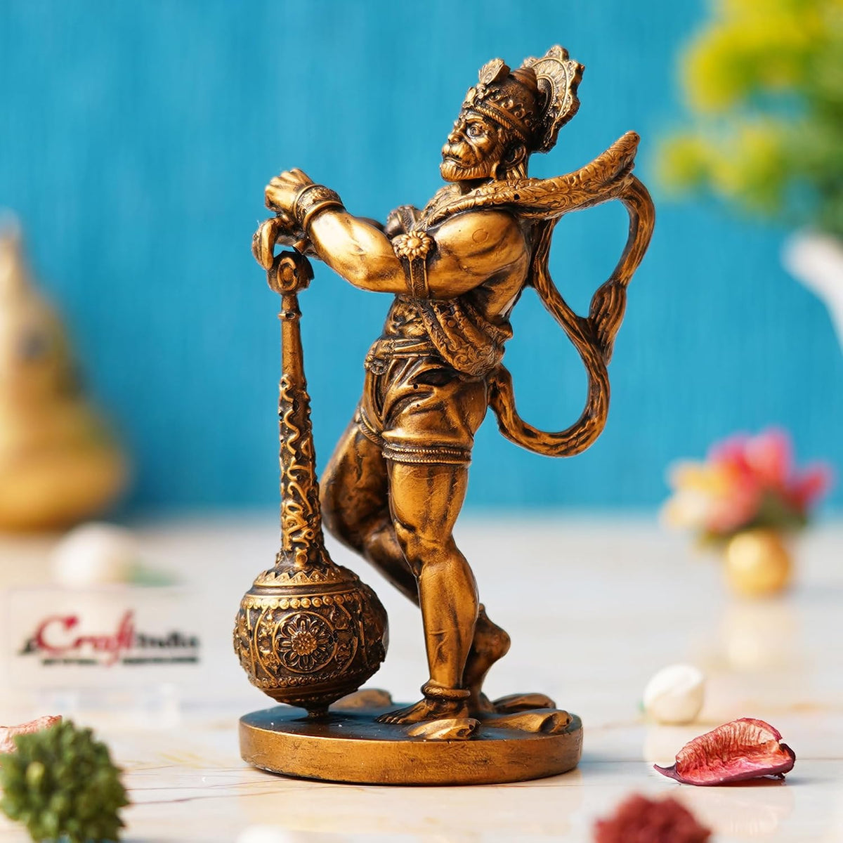 Golden Resin Hanuman Ji Murti with Gada | Lord Hanuman Idol for Car Dashboard Home Office Hanuman Statue Hanuman Murti Gift for Diwali Hanuman Jayanti Ram Navami Housewarming Birthday