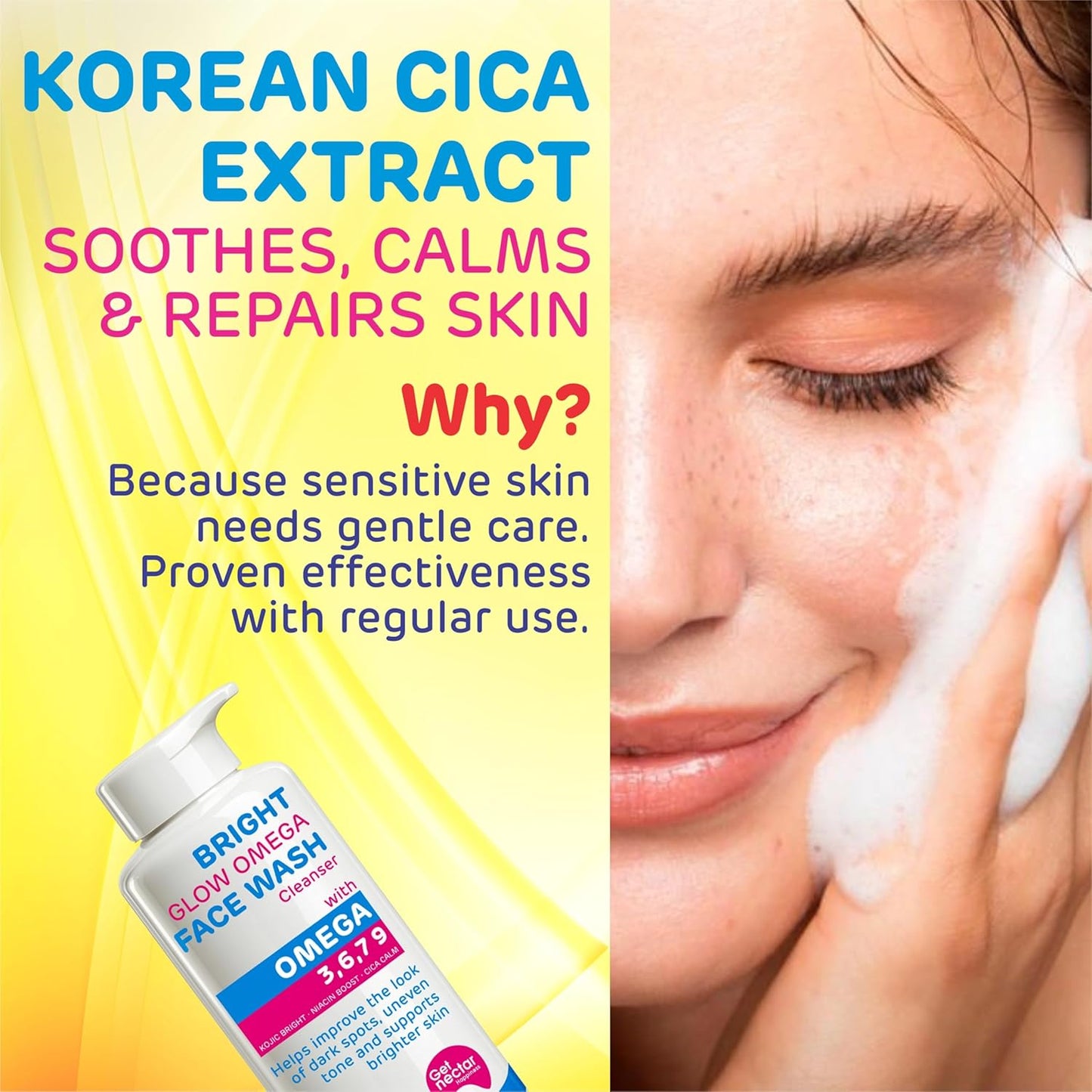 Advertisement for a face wash with Korean Cica Extract, showing a bottle and a person applying it to their face.
