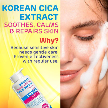 Advertisement for a face wash with Korean Cica Extract, showing a bottle and a person applying it to their face.