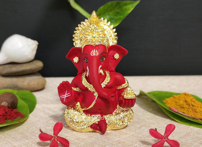 Gold Art India Ganesh Idol for Car Dashboard Ganesha Murti Ganpati Idol for Home Decor Puja Lord Ganesh Statue Gift for Office Desk Puja Room Figurine (Gold and Red, 3 x 3), Ceramic, Idol