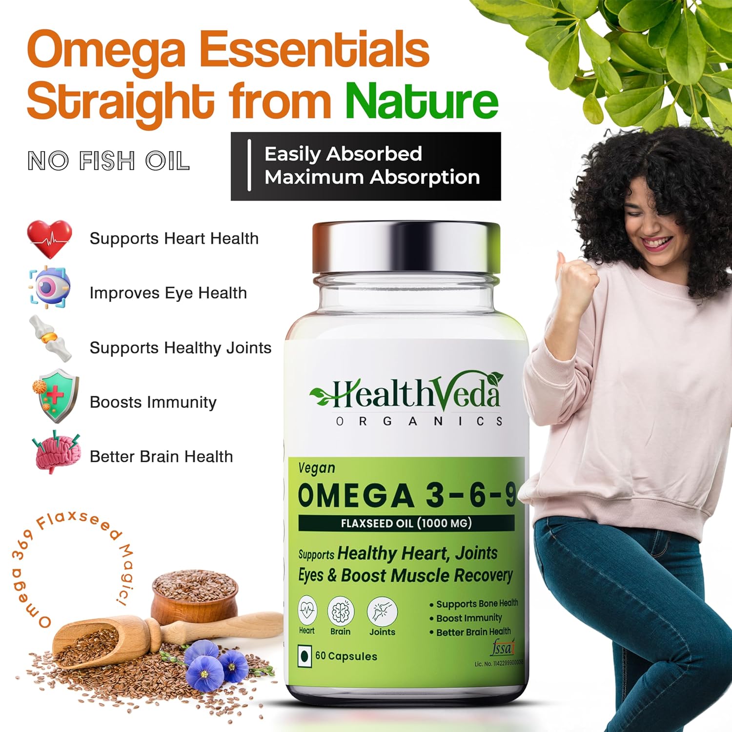 Zephivo Health Veda Organics Vegan Omega 3-6-9 Flaxseed Oil (1000mg) for Healthy Bones, Hair & Skin| 60 Veg Soft Gel Capsules for Both Women & Men