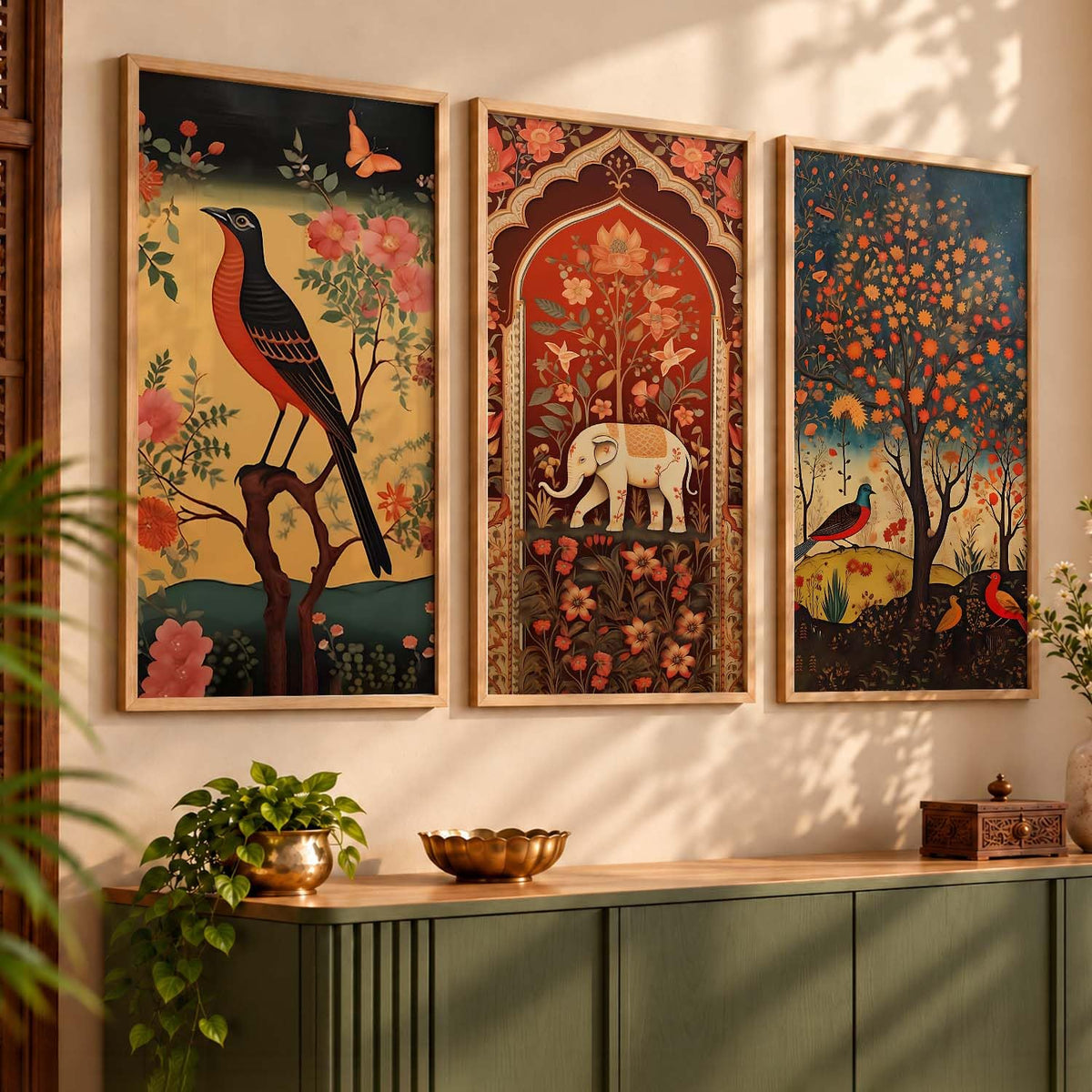 Art Wall Painting Indian Traditional Madhubani Home Decoration With Frame For Living Room Bed Room Hotel Wall Decor Digital Reprint Engineered Wood Set of 3 (Art 3, 10x19 inch)