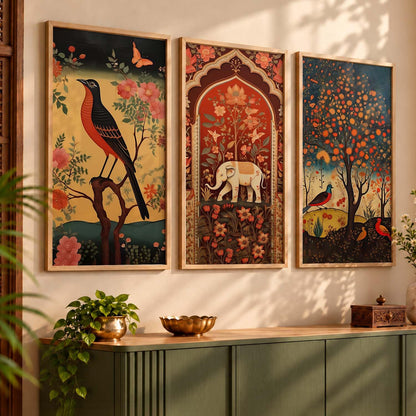 Art Wall Painting Indian Traditional Madhubani Home Decoration With Frame For Living Room Bed Room Hotel Wall Decor Digital Reprint Engineered Wood Set of 3 (Art 3, 10x19 inch)