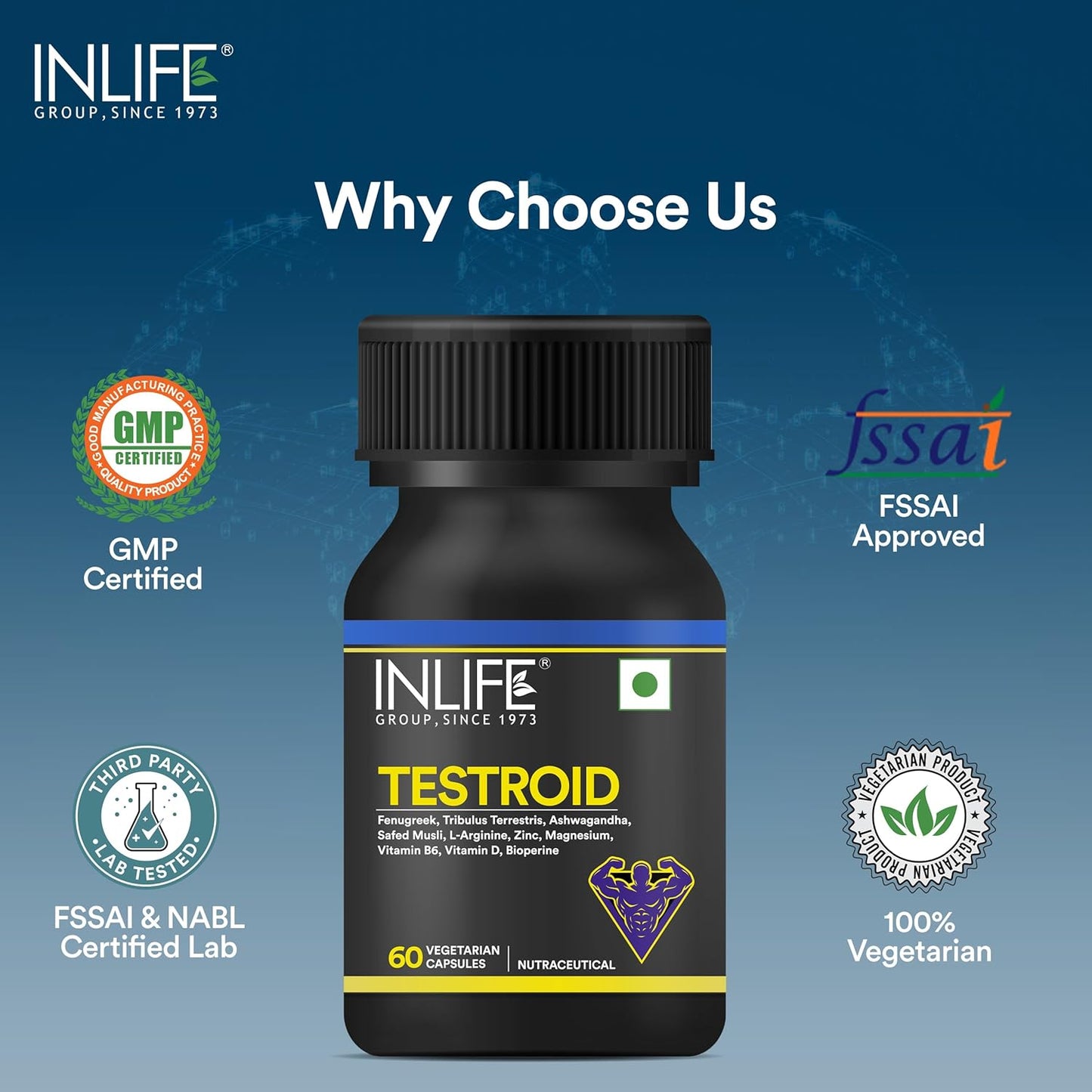 INLIFE Testroid Testosterone Support Supplement for Men | Tribulus, Ashwagandha, Safed Musli for Energy, Strength, Stamina & Overall Wellness - 60 Vegetarian Capsules