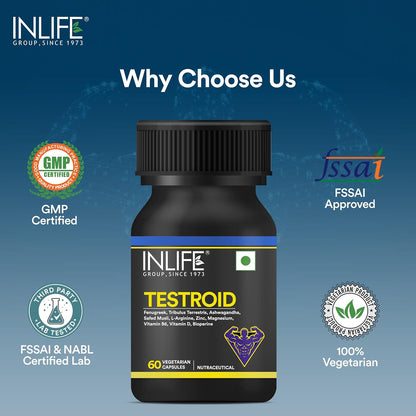 INLIFE Testroid Testosterone Support Supplement for Men | Tribulus, Ashwagandha, Safed Musli for Energy, Strength, Stamina & Overall Wellness - 60 Vegetarian Capsules