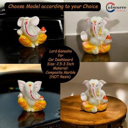 Lord Ganesha Idol for Car Dashboard | Composite Marble Ganesh | Available in White, Golden & Black | Small Sitting Ganpati Murti