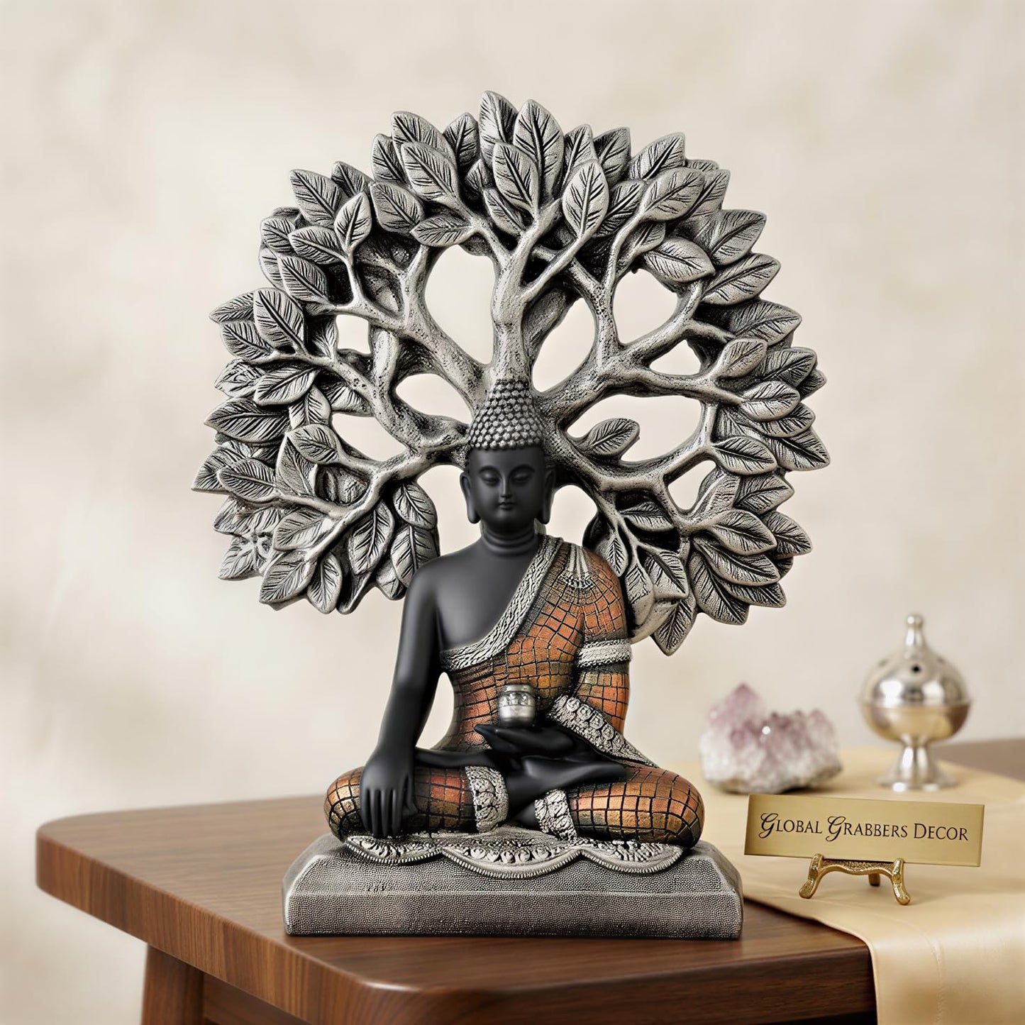 Global Grabbers Buddha Statue Showpiece Idol Home Decor Decoration Items for Living Room and Gifts (Silver Black Copper)
